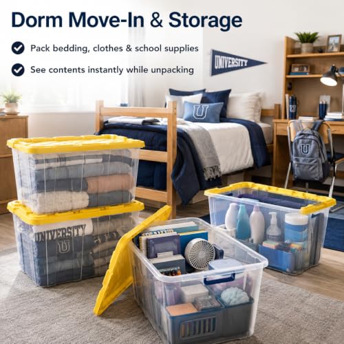 Image of 4-Pack 27Gal Clear Storage Bins with Lids, Heavy Stackable Totes, Yellow