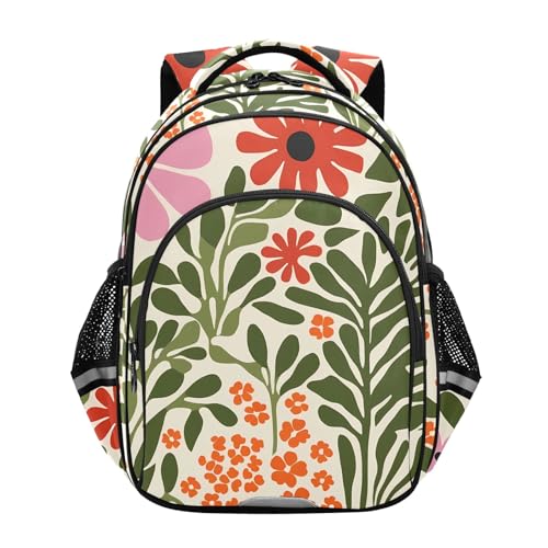 Midcentury Floral Beige Kids Backpack for Primary School Boys Girls Daypack Elementary Bookbag Travel Backpacks
