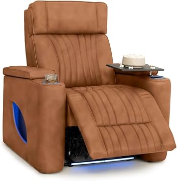 Seatcraft Valore Tawny Italian Leather Home Theater Seating, Zero Gravity Power Recliner, Powered Headrest and Lumbar Gaming and Home Office Chair, Heat and Massage Lounge Sofa, Single Recliner