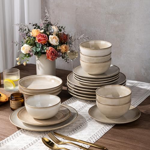 Image of GBHOME Dinnerware Sets For 6, 24Pcs Stoneware Plates and Double Bowls Sets, Dishwasher&Microwave Safe
