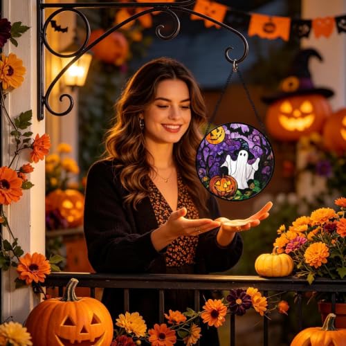 Atrapasol de Halloween de vidrio adorno de calabaza para puerta ventana pared y jardín 3