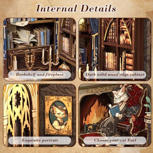 Image of PATPAT Earl Cat Bookstore DIY Miniature House Kit Book Nook Kit, Wooden Doll House for Adults, 3D Wooden Puzzle Bookshelf Decor, for Christmas, Birthday, Anniversary