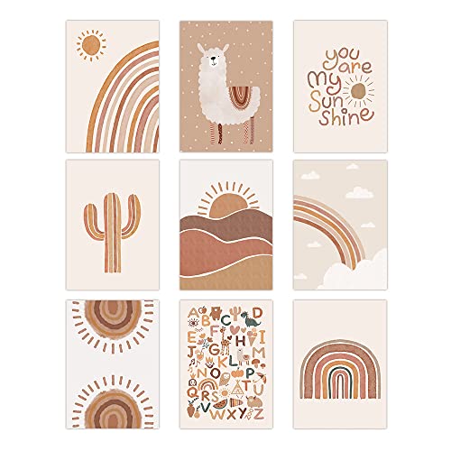 Image of Canssape Set of 9 Baby Boho Nursery Wall Art 8"x10" Kids Room Poster Prints Rainbow Decor Safe Non-toxic Green Warm Sweet Bedroom Unframed
