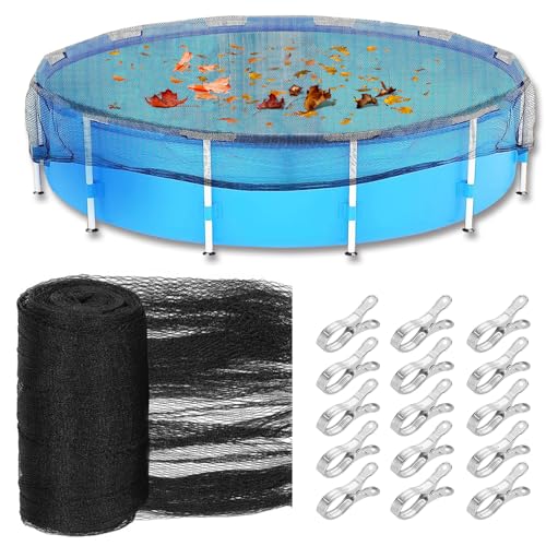 Pool Leaf Net Cover for Above Ground Pools, Winter Cover Mesh Cover - Heavy Duty Mesh Safety Cover for Winter with 15 Large Metal Clips - Keeps Leaves & Debris Out - Fits 24 Foot Pools