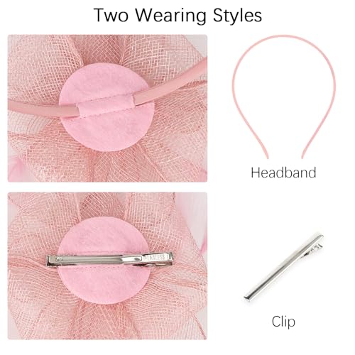 Pink Fascinators Hats for Women Tea Party Flower Pearl Feather Wedding Fascinator Hat Derby Hats for Women Girls - Thumbnail 6
