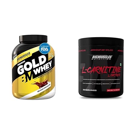 Bigmuscles Nutrition Premium Gold Whey 2Kg Whey Protein Isolate Blend|25g Protein Per Serving [Belgian chocolate] & L-Carnitine L-Tartrate Powder [30 Servings, Sex On The Beach]