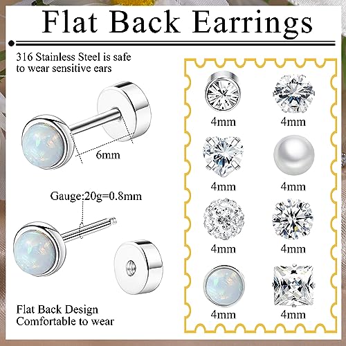 Staligue 8 Pairs Titanium Surgical Steel Earrings for Women Men Hypoallergenic Flat Back Stud Earrings for Sensitive Ears 20 Gauge Surgical Steel Cartilage Earring Opal CZ Pearl Small Nap Sleeper Earrings2