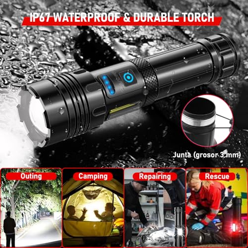 Image of Shadowhawk Torch Light High Power 10000 Lumens, COB Side Light & Long Range | 30W Powerful LED Super Bright Flashlight Rechargeable, 7 Modes, Military Waterproof USB C Torches for Camping /Home /Emergency