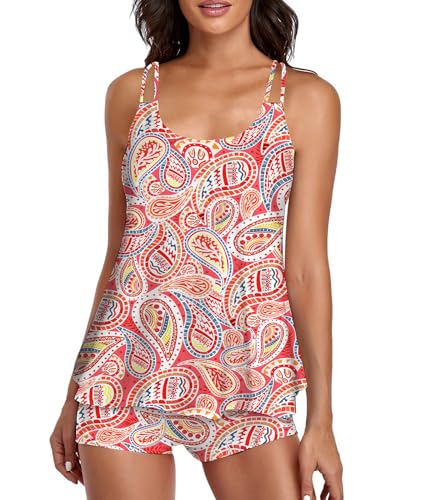 Image of Urchics 2026 Women Two Piece Tankini Swimsuit Tummy Control Plus Size Long Torso Top and High Waisted Boyshorts Bathing Suits