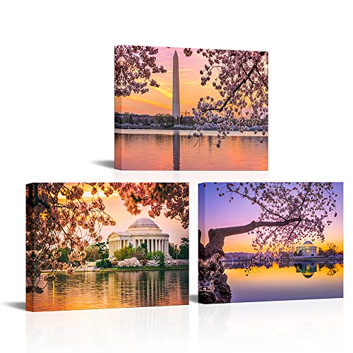 VANSEEING 3 Pieces Canvas Wall Art Cherry Blossoms Festival at National Mall Washington DC Pictures Artwork Jefferson Memorial Landscape Painting Prints for Home Living Room 12x16inchx3pcs