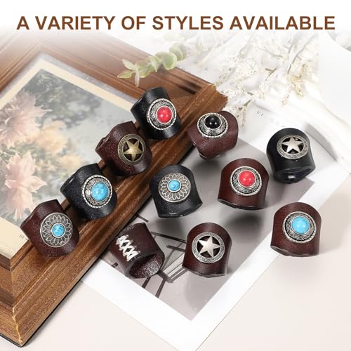 PATIKIL Western Bandana Scarf Ring, Men Square Handmade Leather Sunflower Gem Scarf Slide Ring Vintage Cowhide3