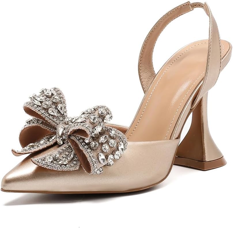 MAVMAX Women's High Heels Wedding Shoes Pointed Toe Heels with Rhinestone Bow Slip On Slingback Heel for Wedding Party Prom Bridesmaid