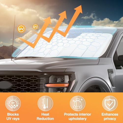Image of KUST Windshield Sun Shade for Ford F150 2021-2025 2026 Foldable Thicken Window Sunshade UV Protection Keep Cool Sunshield Easy Install Sun Visor Accessories Aluminum Film