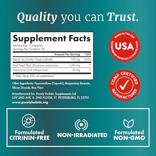 Red Yeast Rice with CoQ10 Supplement | Healthy Cholesterol Levels & Heart Health Support | Extra Strength Red Yeast Rice 1200 MG (600 MG Per Capsule) with Monakolin K | No Citrinin, Non-GMO | 120 Ct - Thumbnail 6