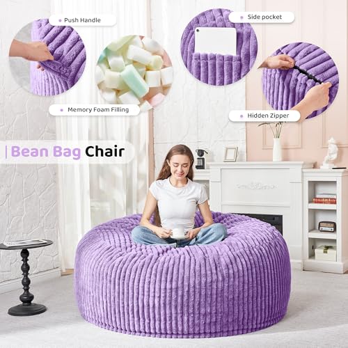 Image of HABUTWAY 4FT Bean Bag Chair, 4' Large Bean Bag Chairs for Adults with Removable Stripe Plush Cover, Memory Foam Beanbag Chair for Living Room Bedroom Dorm (Purple)