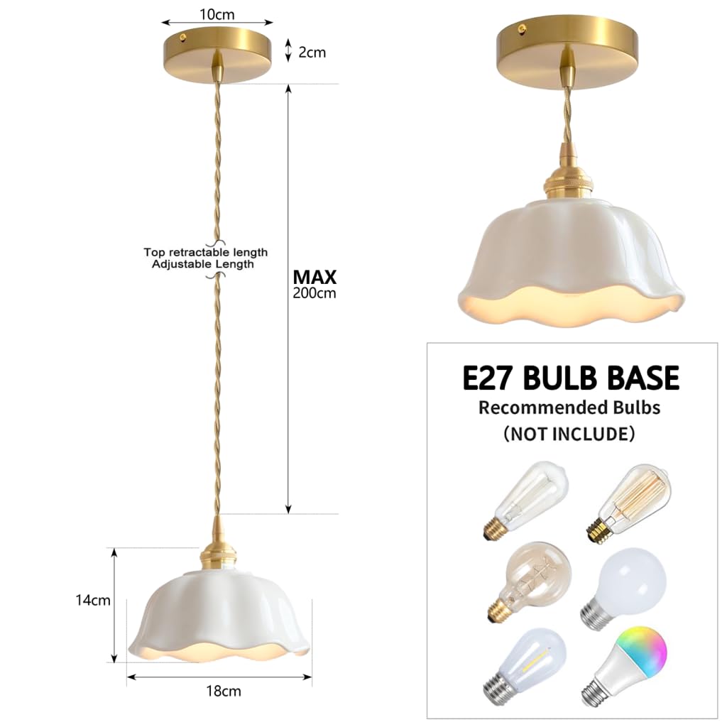 Lot de 2 Lustre Salon Moderne, Forme de Fleur Abat-Jour en Céramique Suspension Rétro E27 Plafonnier Luminaire Lampe Suspendue Nordique pour Cuisine Chambre