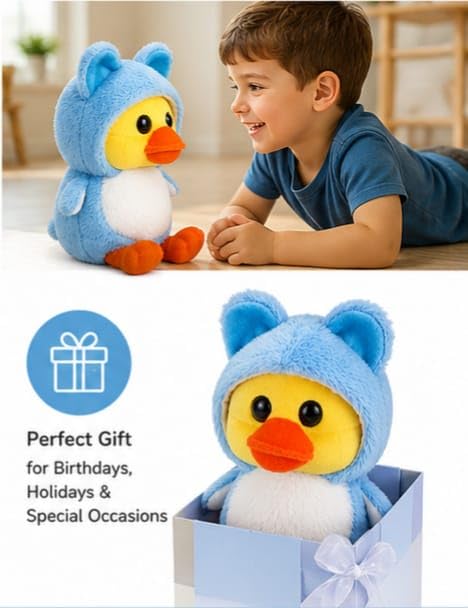 Image of Cute Blue Hooded Duck Plush Toy with Bear Hoodie - Soft Stuffed Animal Doll for Kids, Babies & Toddlers | Huggable Cuddly Plush Gift for Boys & Girls | Premium Soft Fabric 25CM