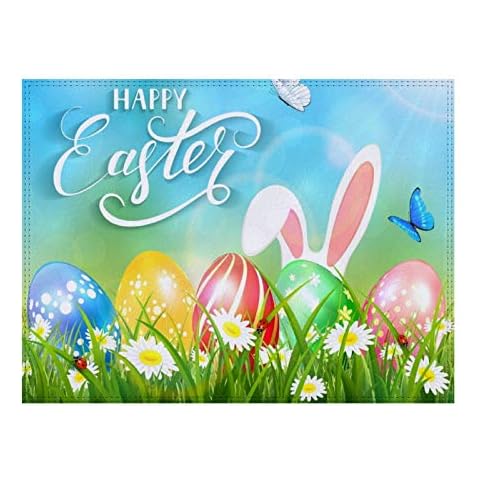 Easter Bunny Eggs Hunt Placemats Butterfly Daisy Table Mats Spring Flowers Burlap Placemat Set of 6 Washable Heat Resistant Place Mats for Kitchen Dining Decorations Non-Slip Easy Clean 12 X 18 in Cover