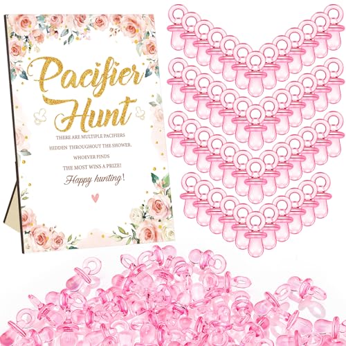 Image of Thyle 51 Pcs Flower Pacifier Hunt Baby Shower Games Floral Theme Baby Shower Game Decoration Include Hunt Sign and 50 Acrylic Pacifiers Gift Sets for Gender Reveal Newborn Announcement Party Decor