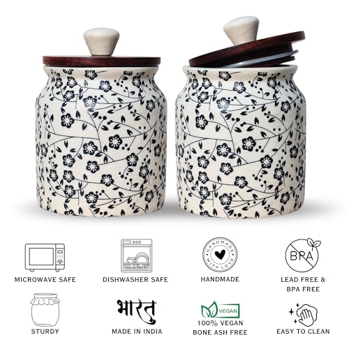 Image of Vistas 'Heritage Black' Airtight 420ml Set of 1 Ceramic Jar for Kitchen Storage | Handcrafted Ceramic Barni with Wooden Lid | Multipurpose Pickle, Spice & Salt Container