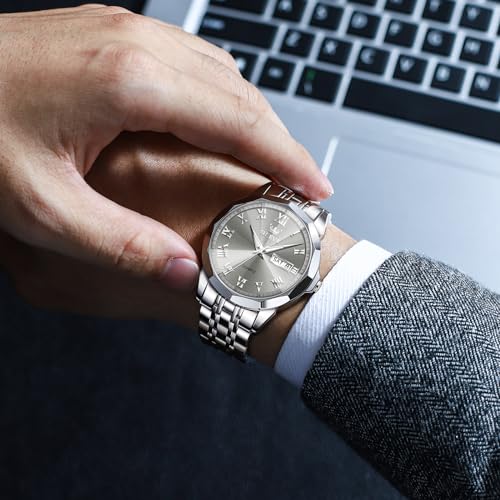 OLEVS Mens Watches Grey Watch for Men Silver Watches Luxury Men Stainless Steel Watches Waterproof Analog Quartz Large Dial Mens Wrist Watches Date Day Dress Reloj de Hombre Roman Numerals by OLEVS - Used condition - Image 9