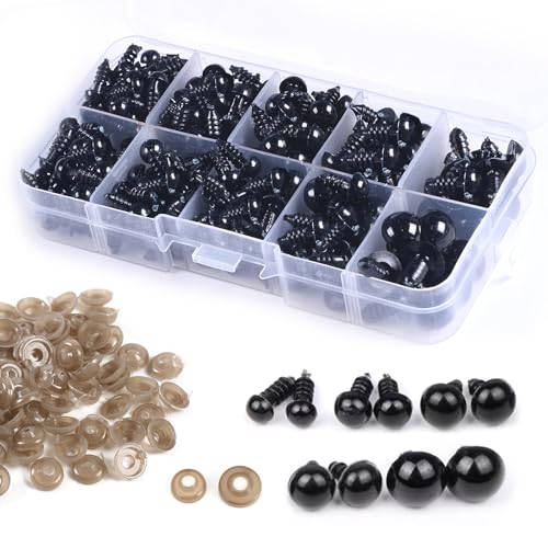 HONQX Safety Eyes for Crochet Toys 400 pcs 5-12mm Safety Crochet Craft Eyes with Washer Black Plastic Doll Eye for Stuffed Toy Making
