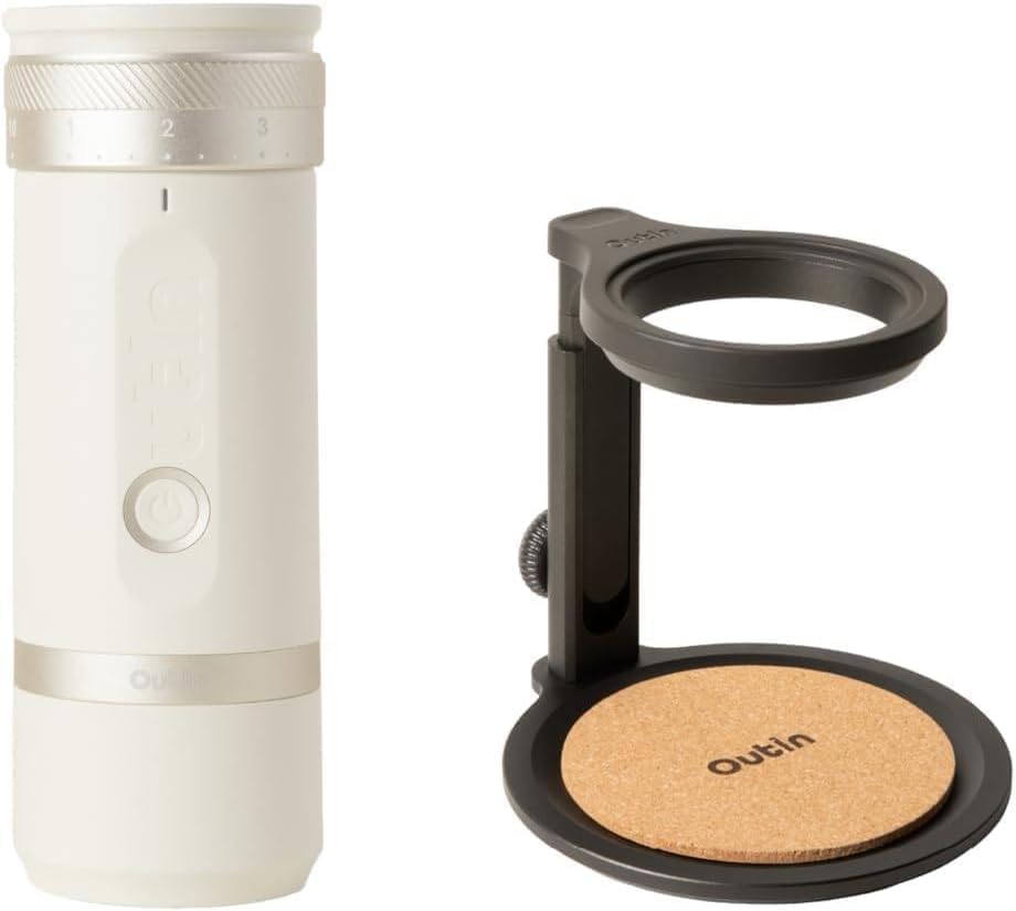 OutIn Fino Portable Electric Coffee Grinder with Coffee Stand with Cork Pad, Sandstone White