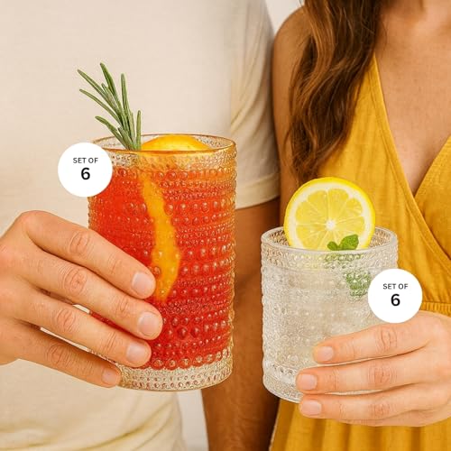 Image of Khen Vintage Hobnail Drinking Glasses Set of 12, 13oz Highball Glasses & 10 oz Lowball Tumblers, Kitchen Water Glasses Cup, Bar Water, Juice, Cocktails Beer, Milk Indoor /Outdoor Bar & Party Drinkware