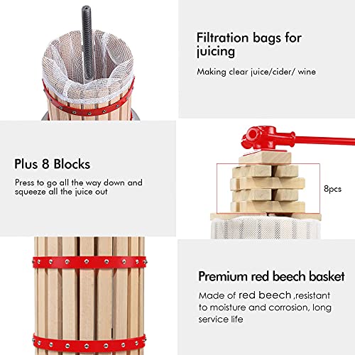 Image of 4.75 Gallon Fruit Wine Press with 2 Pack Filter Bag - 100% Nature Apple&Grape&Berries Crusher Manual Juice Maker for Kitchen, Solid Wood Basket with 8 Blocks Heavy Duty Cider Wine Making Press