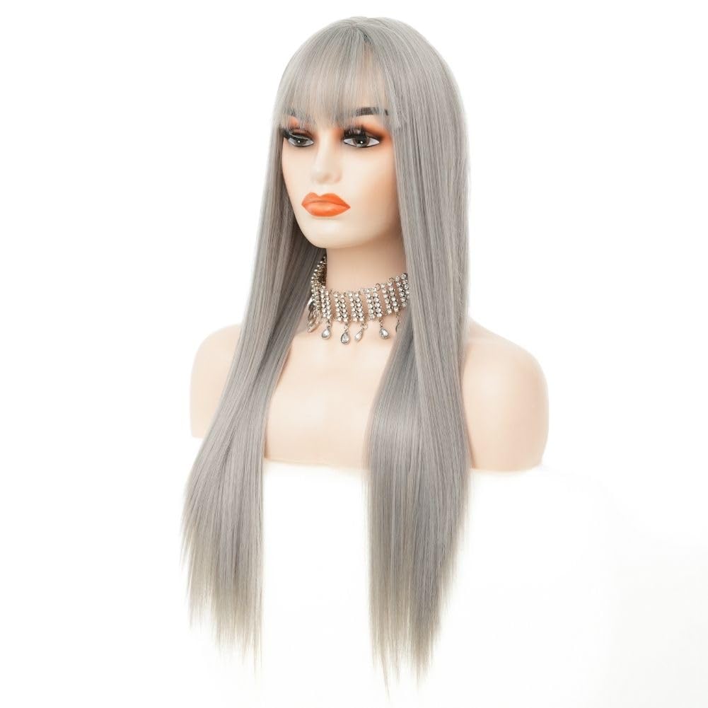Grey Long Straight Womens Wig With Bangs Synthetic Heat Resistant Fiber Wig For Daily Cosplay Halloween Party Use