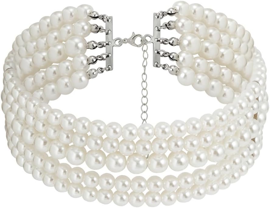 Boho Round Imitation Pearl Choker Necklace Multi Strands Vintage Choker Bridal Wedding Crystal Necklace for Women