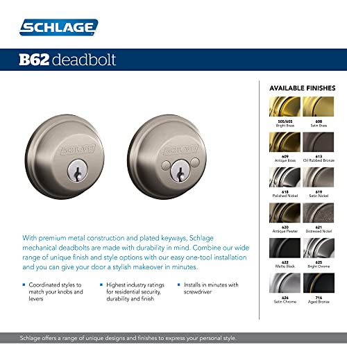 Image of SCHLAGE B62N626 Deadbolt, Keyed 2 Sides, Brushed Chrome