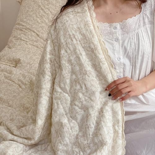 Image of BuLuTu Muslin Cotton Full /Queen Bed Quilts for Kids Teens Vintage Boho Comforter with Lace Edges Soft Thin Comforter Rabbit Floral Quilted Blankets, 79 inchx90 inch, No Pillowcases