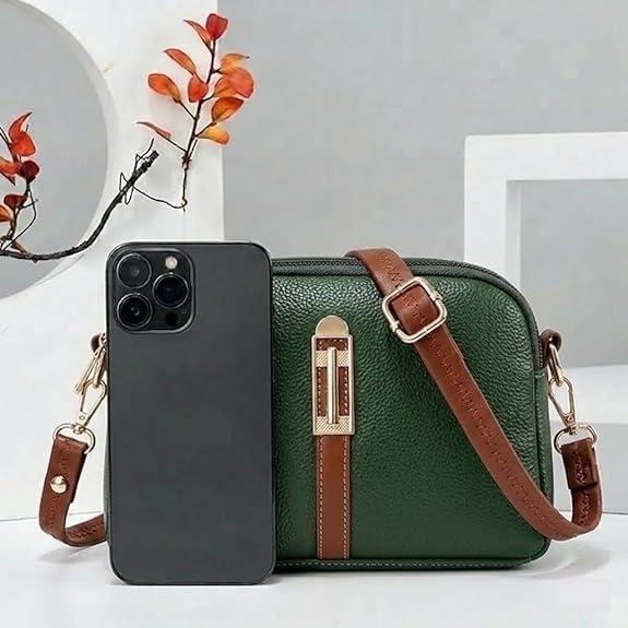 Image of Faux Leather Sling Bag with Brown Adjustable Strap & Gold-Tone Hardware - Compact Crossbody Handbag for Daily Use