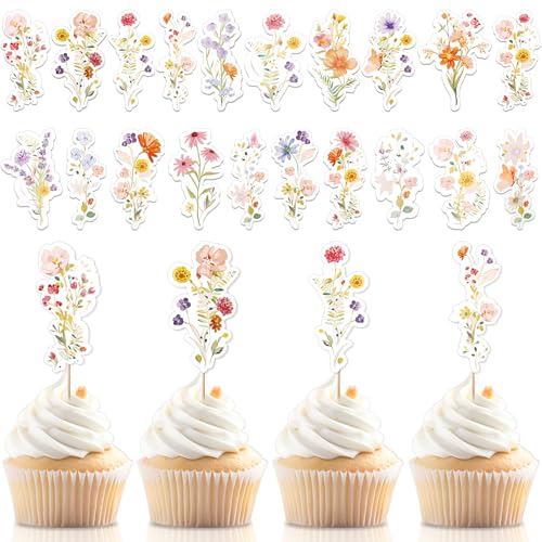 Trandraft 60 Pcs Baby in Bloom Cupcake Toppers Wildflower Baby Shower Decorations Flower Birthday Party Cake Toppers Floral Party Supplies