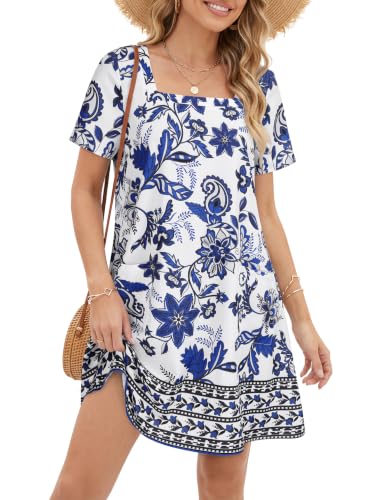 Image of OPOIPIN Women's Floral Print Boho Mini Dress | Summer Square Neck Short Sleeve Beach Vacation Sundresses with Pockets