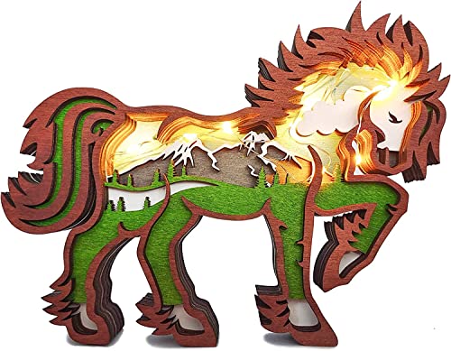 iDOTODO Pferd und Berge, geschichtetes Holzornament mit Lichtern, Waldtier, mehrlagig, 3D-Dekor Cover