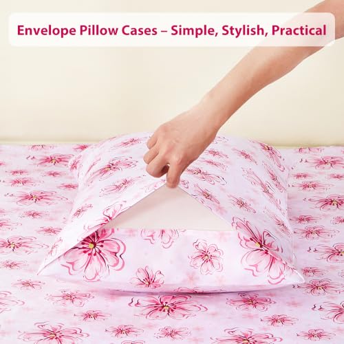 Image of Softan Pink Floral Queen Sheet Set, Cozy Printed Microfiber Bed Fitted Sheets with 15 inch Deep Pocket & Non-Slip Corner Straps, Cherry Blossom Watercolor Flower Patterned Sheets & Pillowcase Set
