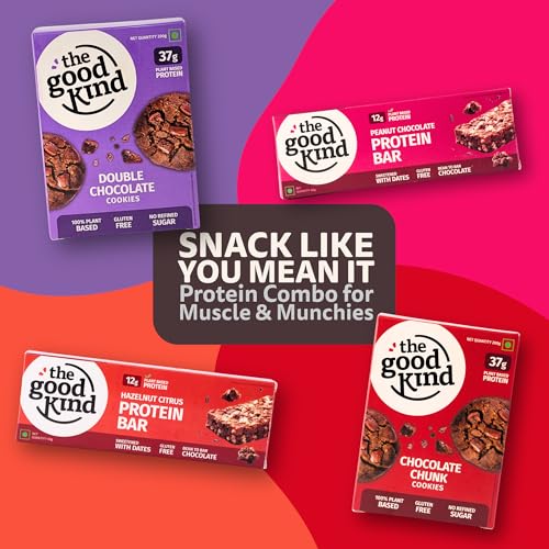 Image of The Good Kind Chocolate Chunk (1pack), Double Cookies (1 Pack) & Protein Bar (2 Pack)- 200gm, High Protein Cookies with Almond Butter & Millet Flour, Perfect for Snacking, Gluten Free, Palm Oil free & Vegan (Pack of 4)