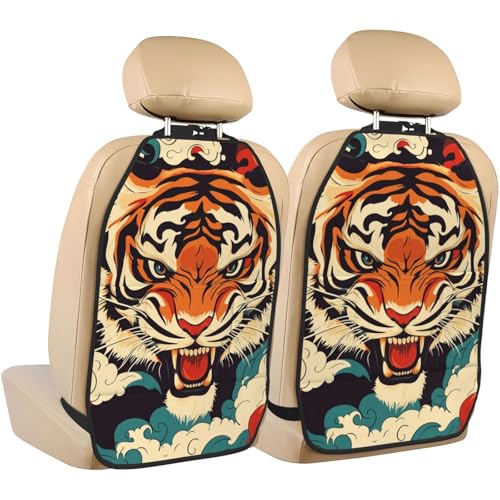Tiger Pattern Car Seat Back Kick Protectors,2 Pack Kick Mats with Storage Pockets for Vehicles to Protect from Dirt Mud Scratches