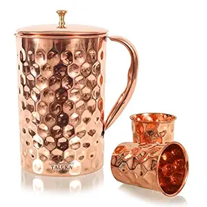 Taluka Copper Diamond Hammered Jug Pitcher Set of 1, 1500 ML Brass Knob with 2 Glass 300 ML Each - Storage Drinking Water Home Hotel Restaurant Tableware Drinkware