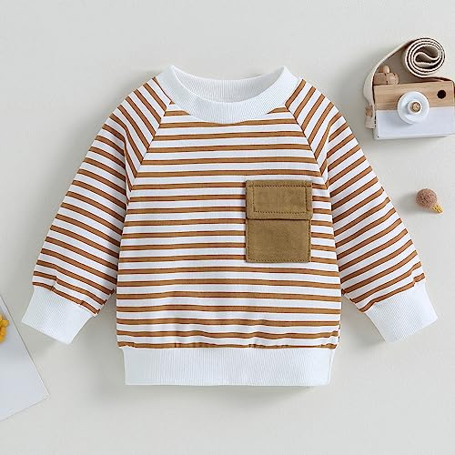 Kids Sweatshirts Soft Cotton Warm Crewneck Cartoon Stripes Long Sleeve Pullover Sweatshirts For Boys (Khaki, 3-4 Years)2