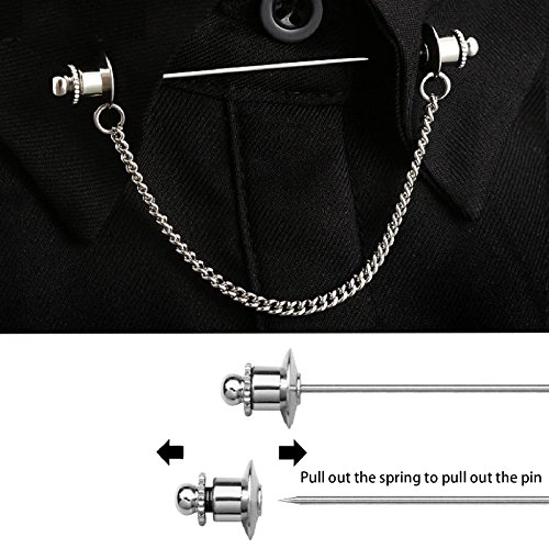 Mens Shirt Collar Pins Necktie Tie Cravat Pin Clips with Chain Lapel Pin Collar Bar Tassel Brooch Gold Silver Black Tone (Silver Hat Head Pin) by YYBONNIE - Used condition - Image 6