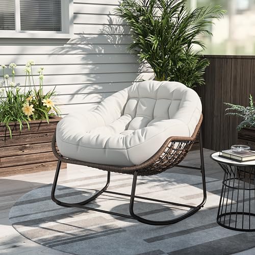 MISNODE Silla Mecedora de Exterior, Tumbona Mecedora de Mimbre con Cojín Acolchado, Silla Reclinable Papasan de Ratán para Patio, Marco de Metal, Beige