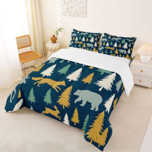 Image of Feelyou Moose Fox Comforter Set Queen Size Soft Kids Nature Woodland Wild Animal Bedding Set with Pillow Case Farmhouse Bear Bathroom Lightweight Breathable Comforter