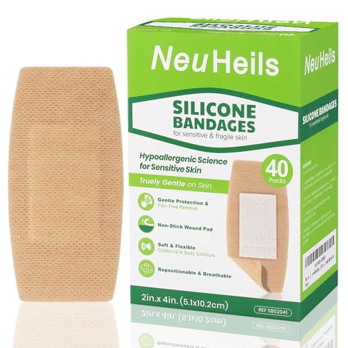 NeuHeils Silicone Bandages for Sensitive Skin Large 2x4 Inch (40 Count) | Hypoallergenic & Waterproof Wound Care | Pain-Free Removal Non-Stick Pad Gentle for Fragile Skin