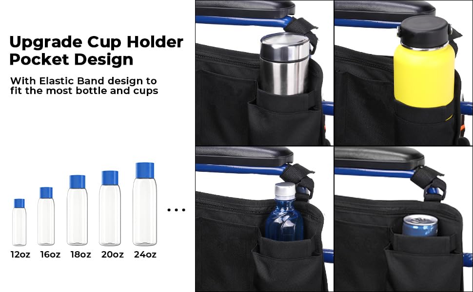JOYTUTUS Walker Side Bag, Wheelchair Armrest Storage Pouch with Cup Holder, Wheelchair Accessories for Seniors, Walker Bag Cup Holder for Walker, Rollator, Electric Scooter or Wheelchair Black - image 4
