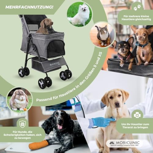 Mobiclinic® pets, Faltbarer hundewagen, Bis zu 15 kg, Ideal für kleine hunde, Zuma, Räder mit 360°-bremsen, Xxl-korb, 3 fenster reißverschluss und moskitonetz, Becherhalter, Grau