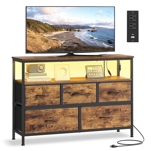 Image of SONGMICS BELLAH Collection - Dresser for Bedroom with App-Controlled LED Lights and Charging Station, Chest of Drawers, TV Stand, 5 Drawers, Shelf, Industrial, Rustic Brown and Ink Black ULGS723KD05S