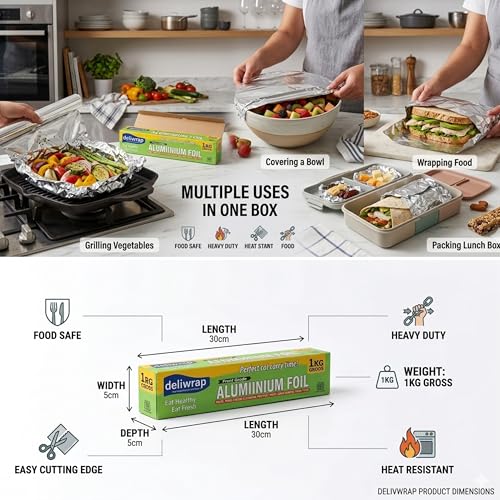 Image of 500g Food Grade Aluminium Foil | ISI Certified | 18 Micron Thick | Ideal for Wrapping, Packing, Cooking, Baking | Silver Foil Roll for Kitchen Use | Safe Aluminum Foil | Pack of 2